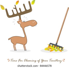 Funny elk and rake, vector illustration