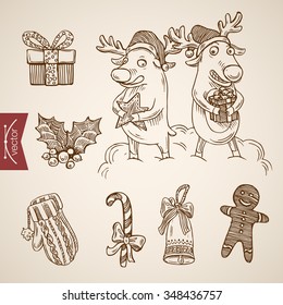 Funny elk reindeer candy cane gingerbread man. Christmas New Year handdrawn engraving style template objects set. Pen pencil crosshatch hatching paper drawing retro vintage vector lineart illustration