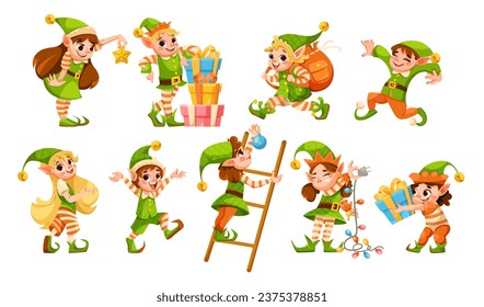 Funny Elves Character with New Year Gift Vector Set