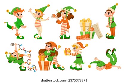 Funny Elves Character with New Year Gift Box and Garland Vector Set