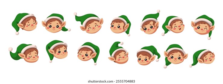 Funny elves with green hats avatars flat color vector icon set. Christmas atmosphere with cute fairy tale characters pack on white