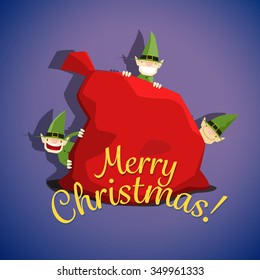 Funny elves near the Christmas sack of Santa Claus