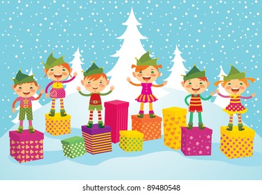 Funny elves wish you a Merry Christmas vector illustration