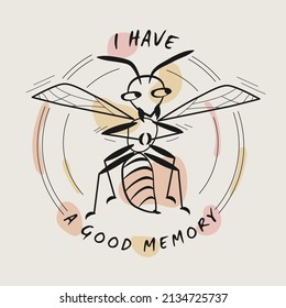 Funny emblem with comic sly wasp and quote. Happy cartoon character. Linear vector sketch illustration with abstract color shapes