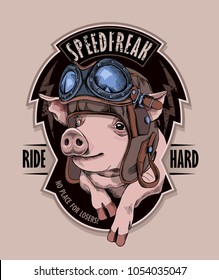 Funny emblem. Pig in a retro leather biker helmet. Vector illustration.