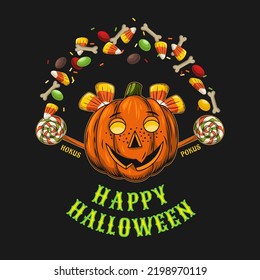 Funny emblem with text, candy, pumpkin head like mischievous little girl face with freckles. Kid tosses up candy with bones. Text Happy Halloween. Good for branding, t-shirt design.