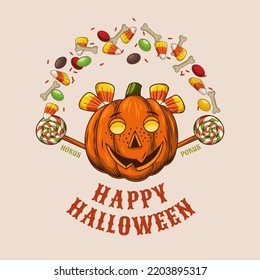 Funny emblem with text, candy, pumpkin head like mischievous little girl face with freckles. Kid tosses up candy with bones. Text Happy Halloween. Good for branding, t-shirt design. White background