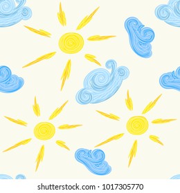 Funny embroidery pattern with summer suns and clouds. Kid illustration.