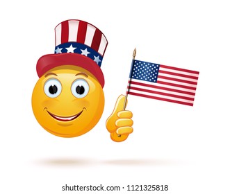 Funny emoji celebrates US Independence Day. Glad emoticon face in Uncle Sams hat and the USA flag in his hand. Vector illustration isolated on white background