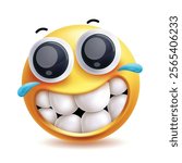 Funny emoji clipart character. Wacky face emoji in enjoy, fun, happy, cheerful and cute yellow icon clip art isolated in white background. Vector illustration joyful emoticon graphic design.
