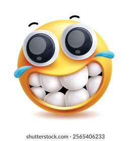 Funny emoji clipart character. Wacky face emoji in enjoy, fun, happy, cheerful and cute yellow icon clip art isolated in white background. Vector illustration joyful emoticon graphic design.
