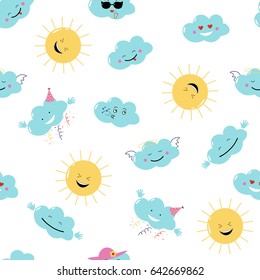 Funny emoji clouds and sun. Smile, angry birthday emotions. Vector Seamless pattern