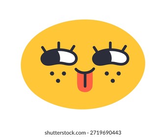 Cara divertida del emoji con la expresión feliz linda del cómic, emoción alegre. Carácter soleado redondo, sonriente, lengua hacia fuera, pecas, ojos traviesos y juguetones. Ilustración vectorial plana aislada sobre fondo blanco