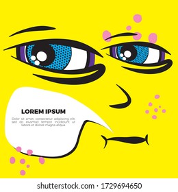 Funny emoji face with ductile facial expressions. With place for text in a bubble. Funny doodle. Vector templates for typography or web design.