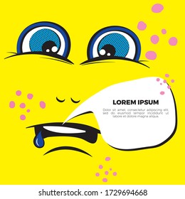 Funny emoji face with ductile facial expressions. With place for text in a bubble. Funny doodle. Vector templates for typography or web design.