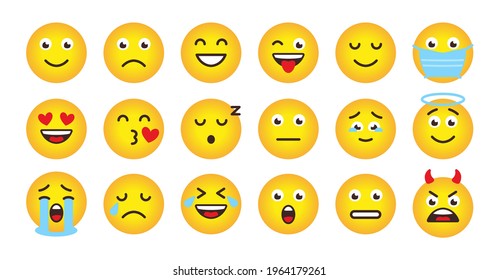 Funny emoji face of yellow gradient icons set. Different type cartoon emoticon smile. Mood or facial emotion symbol for apps. Face love, joyful or in maske, sad, angry. Isolated vector illustration