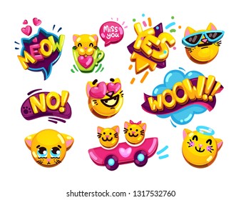 Funny Emoji Set Cats And Inscriptions Wow, Yes, No, Meow, Miss You