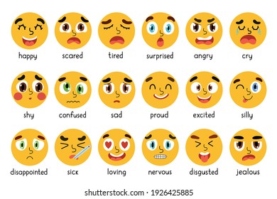 Funny emoji set. Different emotional expressions bundle. Emoticon collection with yellow circle faces. Vector illustration