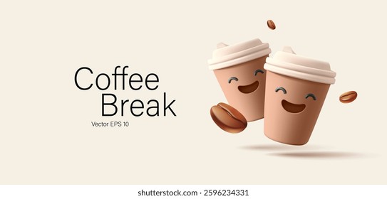 Funny emoji, smiling cheerful coffee cups, 3D. For advertising a cafe, breaks, discounts, and promotional offers. Vector illustration.