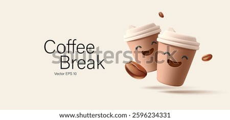 Funny emoji, smiling cheerful coffee cups, 3D. For advertising a cafe, breaks, discounts, and promotional offers. Vector illustration.