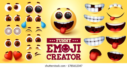 Funny emoji vector creator set. Emojis kit in funny faces with editable facial expression for emoticon sign and symbol design element. Vector illustration
