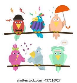 Funny emoticon birds sitting on a branch. Cartoon set of funny colorful cute birds. Each bird on his layer with a branch. Vector illustration