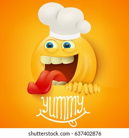 Funny emoticon cartoon character in chef hat. Vector illustration