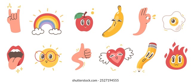 Funny emoticon characters, hand gestures icons set. Cute animated apple, banana fruit, heart, fire with cartoon faces. Thumb up, devil horn, ok sign. Expressions concept flat vector illustration