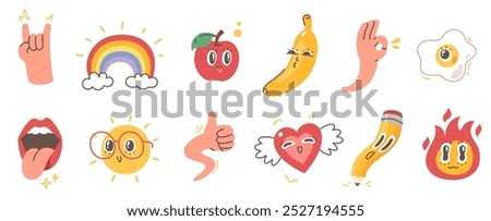 Funny emoticon characters, hand gestures icons set. Cute animated apple, banana fruit, heart, fire with cartoon faces. Thumb up, devil horn, ok sign. Expressions concept flat vector illustration