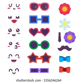 Funny emoticon maker, constructor. Cute facial expressions, sunglasses and decorative elements set