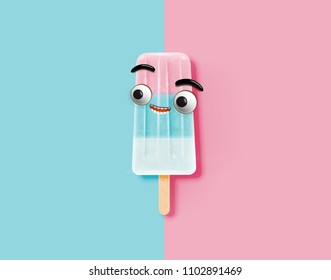 Funny emoticon on realistic icecream illustration, vector illustration