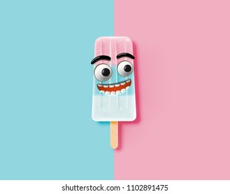 Funny emoticon on realistic icecream illustration, vector illustration