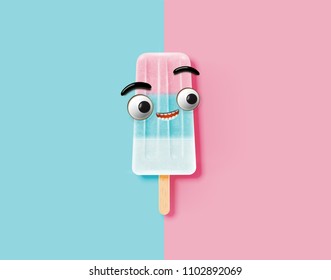 Funny emoticon on realistic icecream illustration, vector illustration