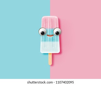 Funny emoticon on realistic icecream illustration, vector illustration