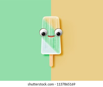 Funny emoticon on realistic icecream illustration, vector illustration