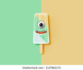 Funny emoticon on realistic icecream illustration, vector illustration