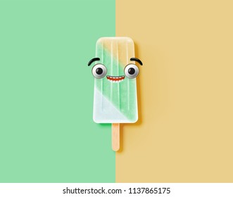 Funny emoticon on realistic icecream illustration, vector illustration