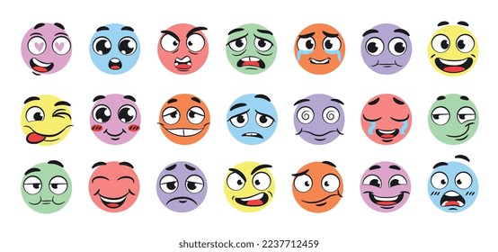 Funny emoticons set. Collection of stickers for social networks and messengers. Emotions and facial expressions, emoji and feelings. Cartoon flat vector illustrations isolated on white background