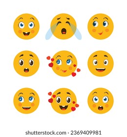 Funny emoticons. A set of happy smiles. Happy emotions collection. Vector illustration