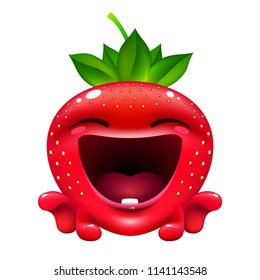 funny emotion strawberry. cute fruit character is laughing on white background