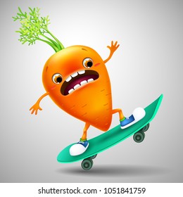 funny emotional cartoon carrot on skateboard. healthy food