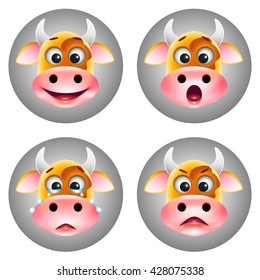 funny emotional cartoon cow icons set on grey circle background. Happy, cry, surprised, angry emoticons. Vector illustration.