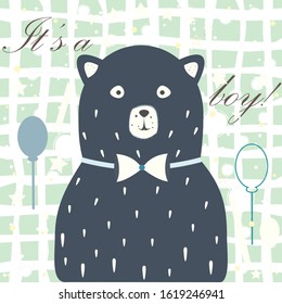 Funny and Emotional Character of Bear announces "It's a Boy!". Baby shower Collection. Vector Illustration.