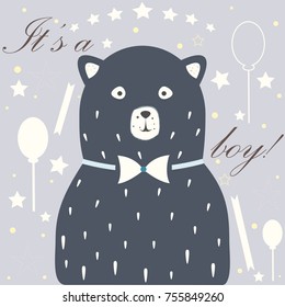 Funny and Emotional Character of Bear announces "It's a Boy!". Baby shower Collection. Vector Illustration.