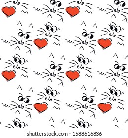 funny emotional faces of cats and hearts, hand drawn, black outline doodle, seamless pattern for creative design vector illustration in minimalism style