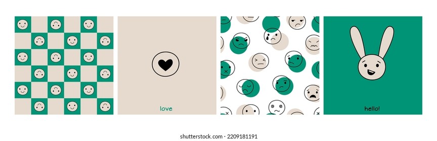 Funny emotional faces seamless patterns. Cute bunny face card, love postcard with heart. Trendy abstract retro groovy background, 60s 70s trippy style vector design