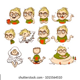 Funny emotional girl stickers set. Vector collection of cartoon emoticons.