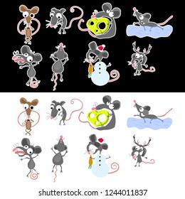 funny, emotional, gray and brown rats or mice in different actions: eating cheese, swimming, crazy, lying. stickers set.isolated on white and black background. flat vector.