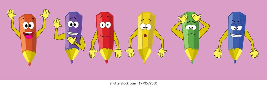 funny emotional pencil set with faces with laughing, smiling, confused, angry and surprised expressions