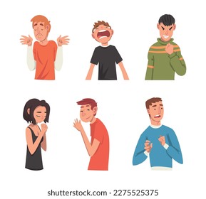Funny emotional people set. Frightened, angry, bored, peaceful, insidious men and woman cartoon vector illustration